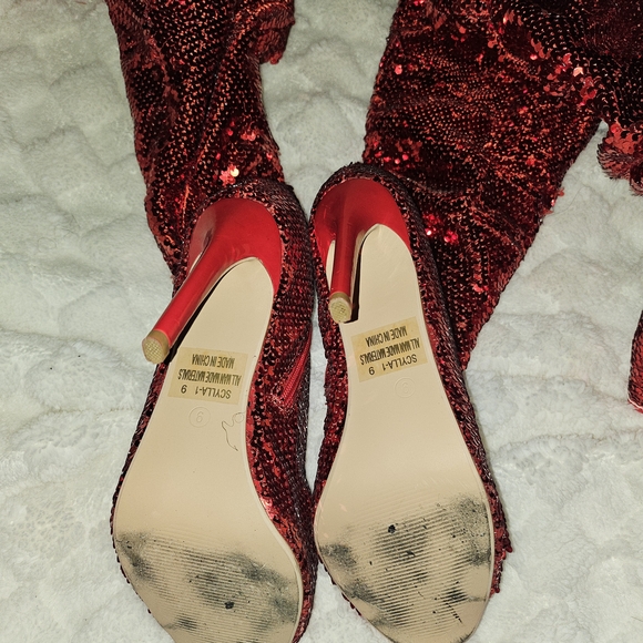 Red Sequin Women's Thigh High Boots - Picture 9 of 9